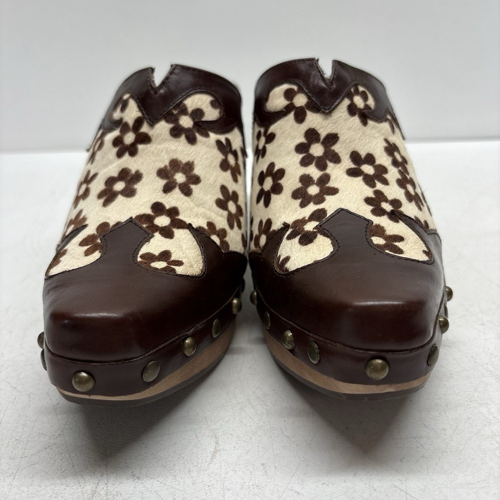VTG Paris Blues Size 6.5 Brown White Cow Daisy Print Freda Wooden Platform Clogs - Picture 5 of 11
